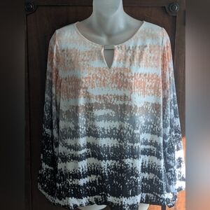 Alfani Womens Ombre Blouse Peach White Black Sz L Silver Charm Long Sleeve Top